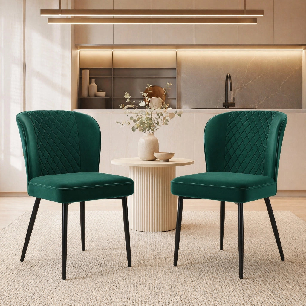 Sedia da sala da pranzo; seduta imbottita ergonomica; struttura in metallo; velluto verde