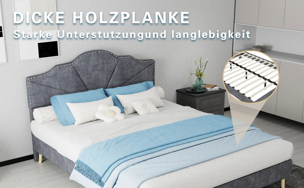 DESMIU Letto 140 × 200 cm 2 posti con testiera geometrica, senza materasso, in tessuto e metallo, grigio