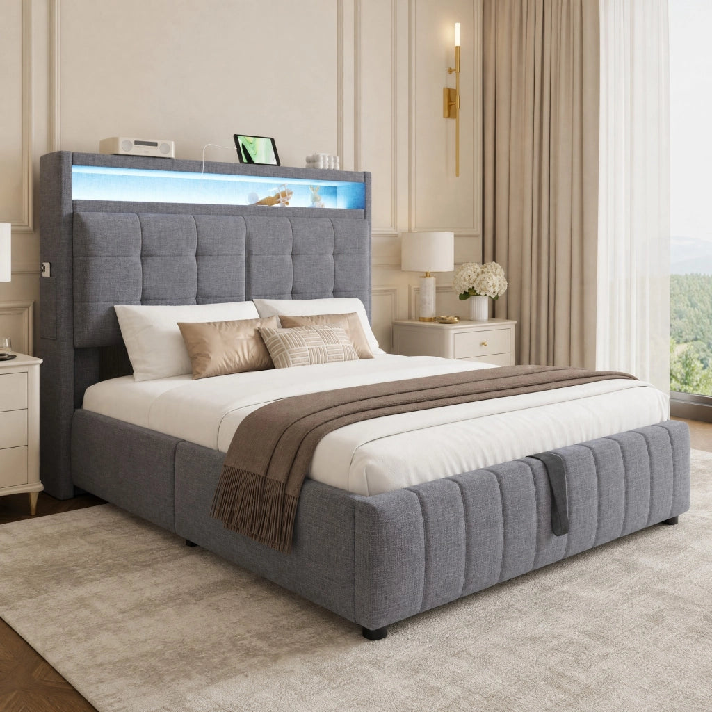 LETTO Imbottito 140x200 cm Grigio in Lino con LED, USB e contenitore