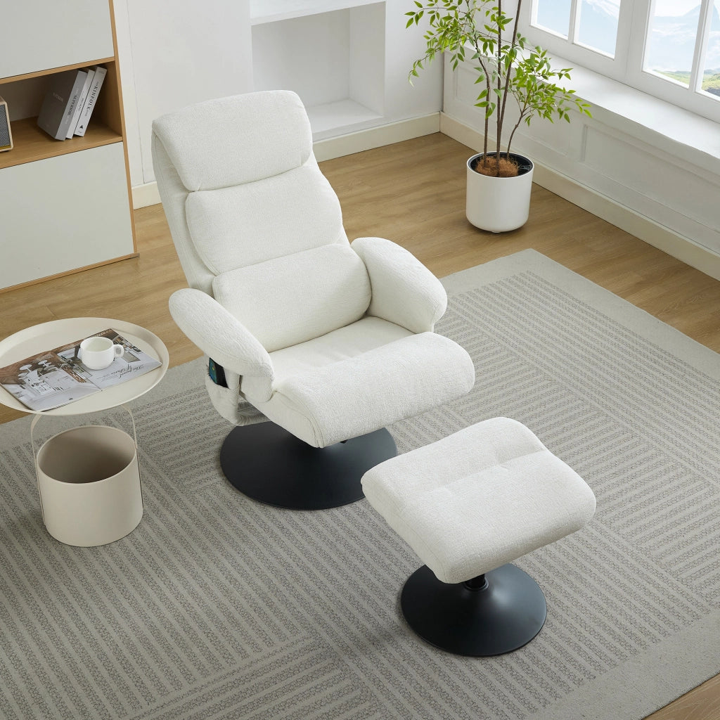 Poltrona Relax Reclinabile Massaggiante Elettrica con Poggiapiedi ¨C MINIMAL ¨C Chenille Bianco, Girevole 360¡ã