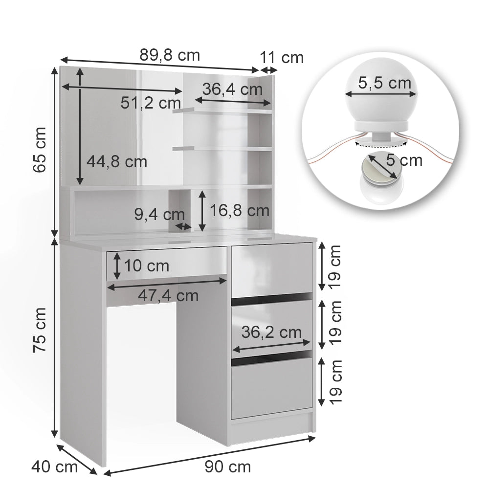 Vicco Tavolo da toeletta Bianco 90 cm con illuminazione a LED e ripiano a specchio