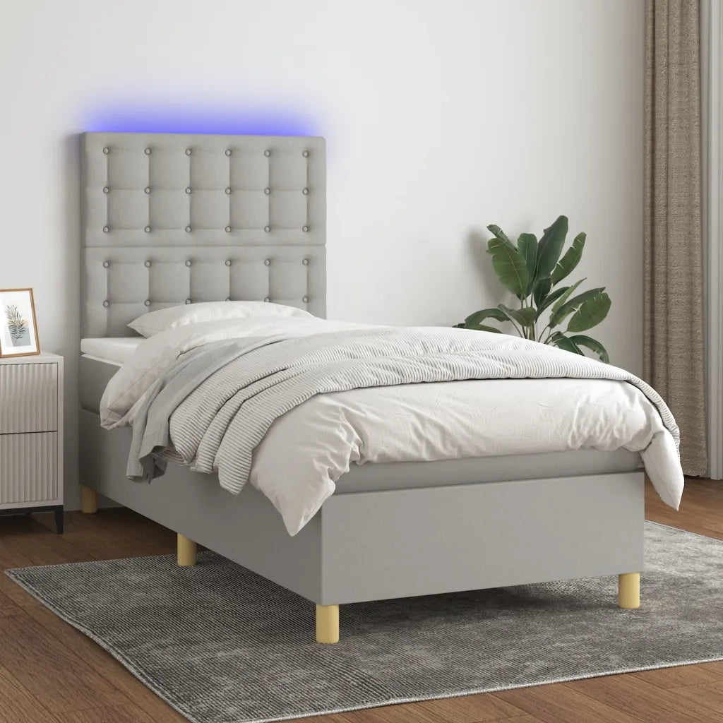 Letto singolo | Letto per adulti | Letto a Molle Materasso e LED Grigio Chiaro 90x190 cm Tessuto