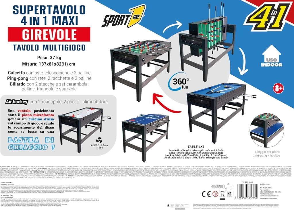 Sport1 Supertavolo 4in1 girevole. Tavolo multigioco indoor: calcetto, ping pong, hockey, biliardo. Completo di accessori