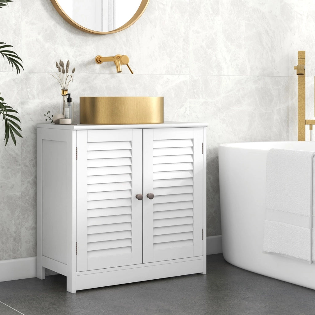 Mobiletto sotto lavabo con 2 porte a persiana, Organizer moderno per lavabo salvaspazio per prodotti da toeletta e asciugamani