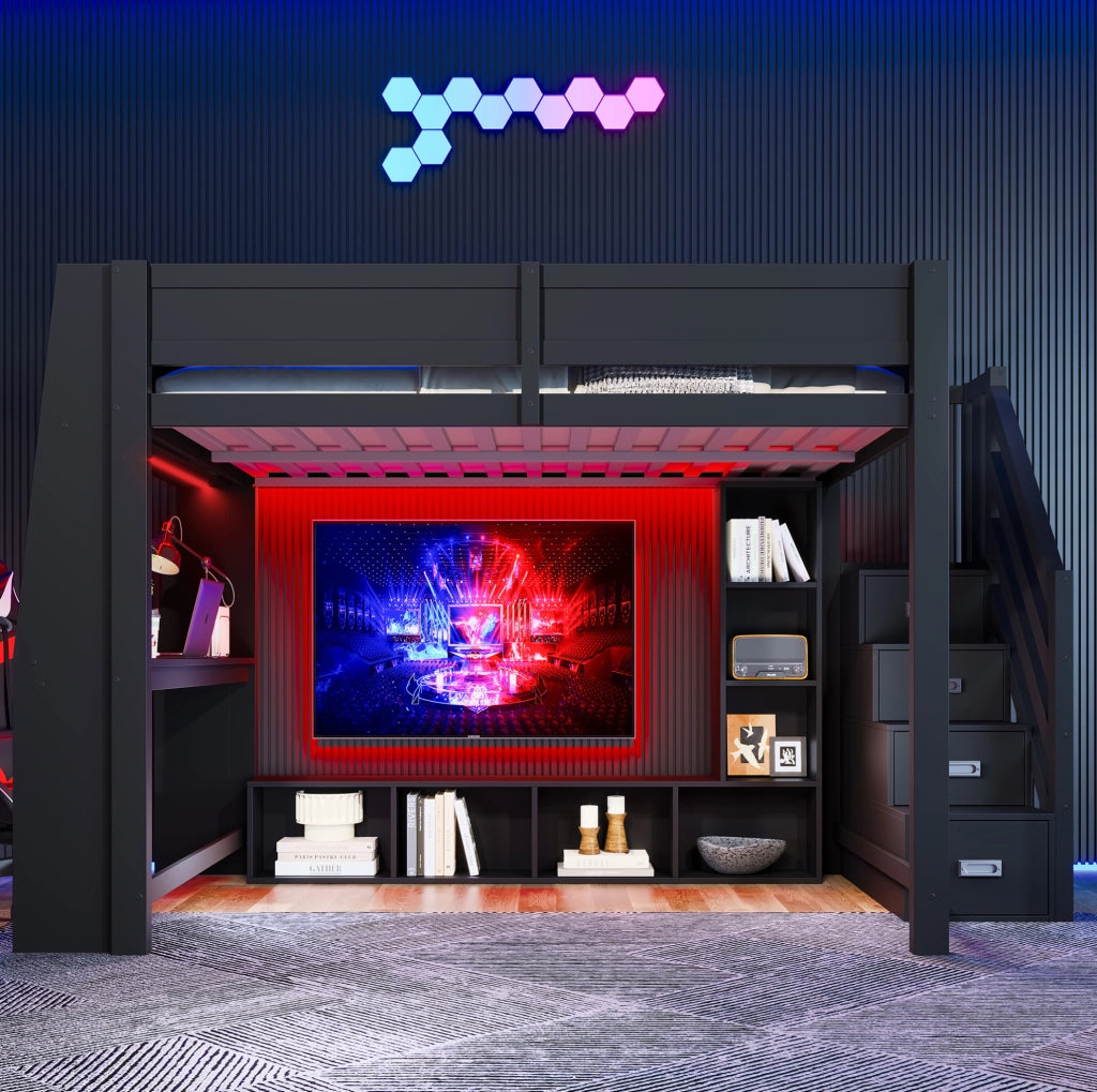 Letto a soppalco 140x200 con scrivania, scala contenitore e LED