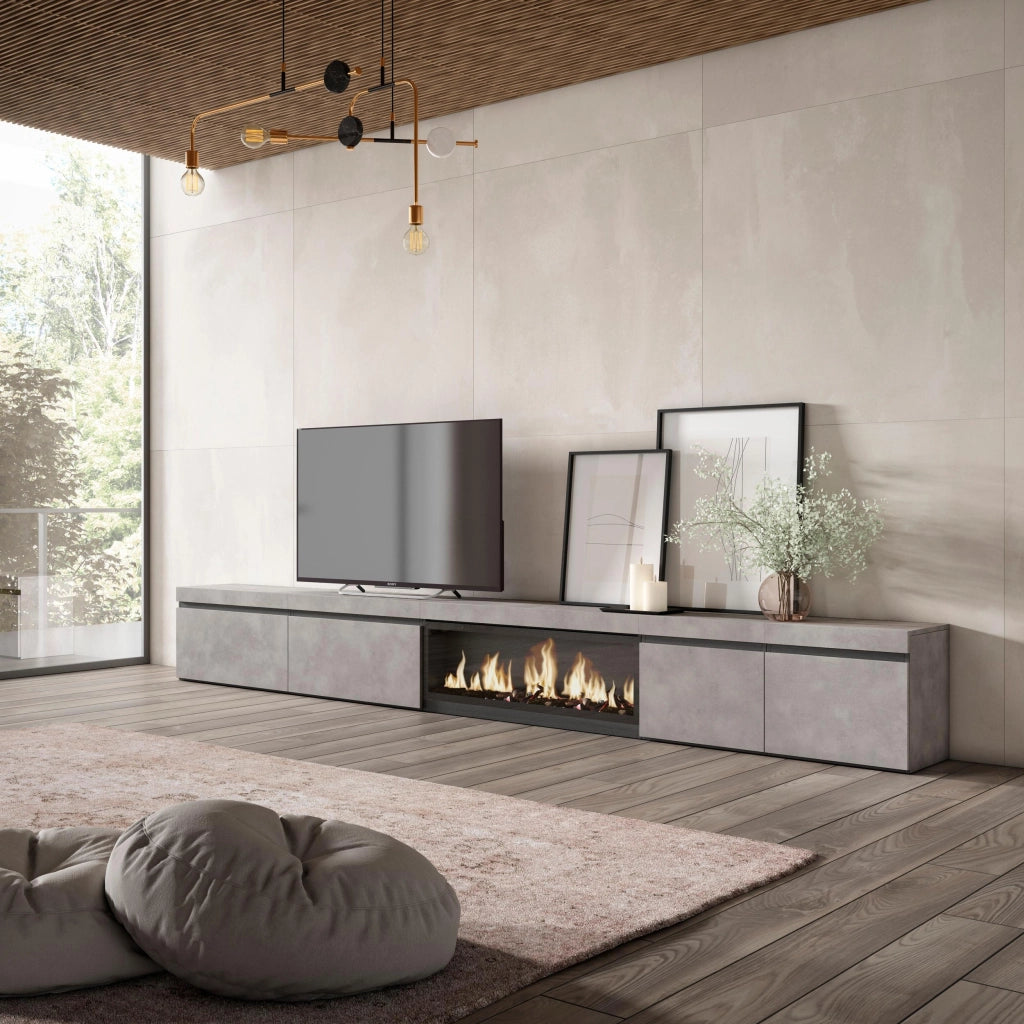 Mobile TV Soggiorno, 368x35x45, Camino elettrico XXL, grigio cemento RF3678