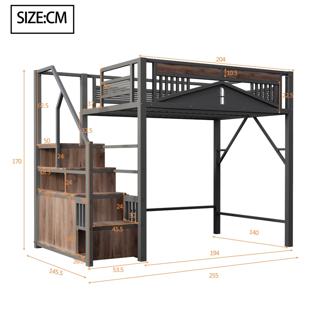 Letto a soppalco in metallo con scala contenitore; protezione a finestra e spazio sotto il letto; nero; 140x200 cm; senza materasso