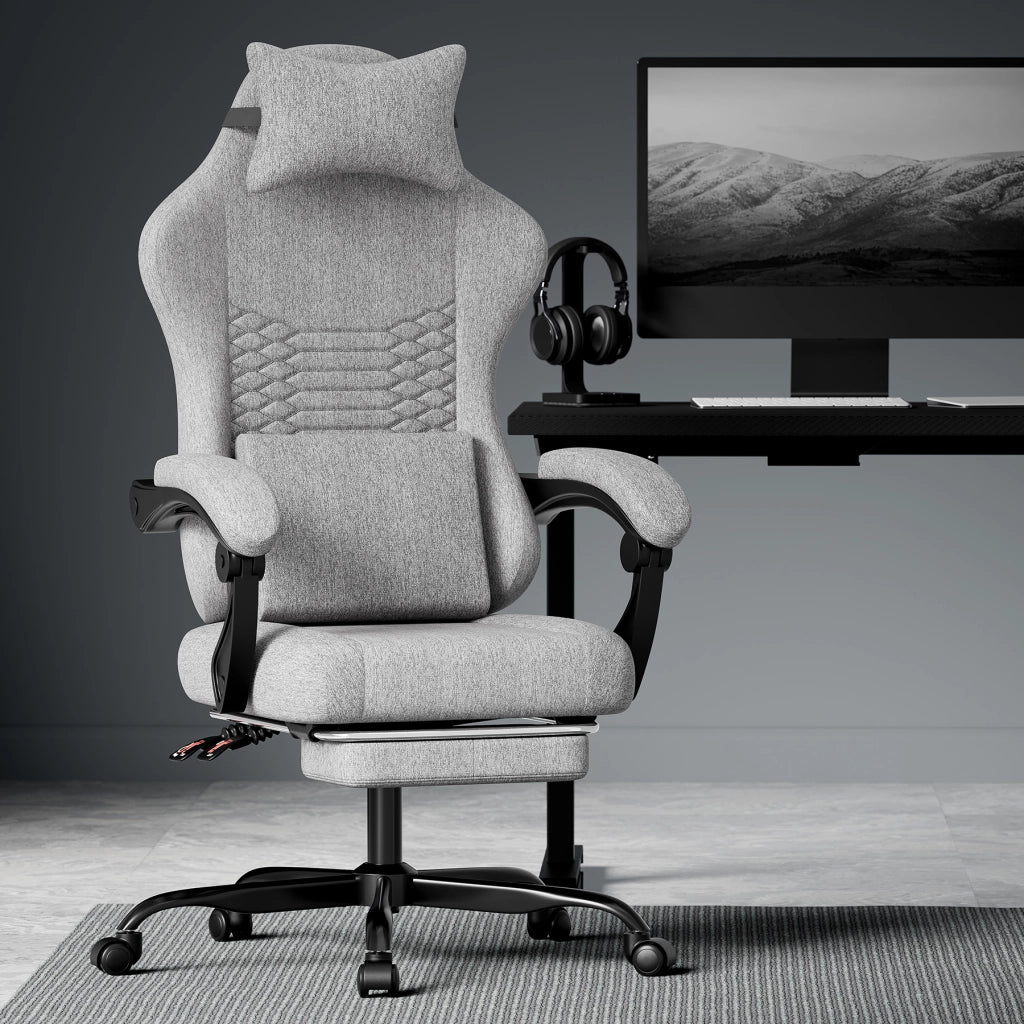 Poltrona Gaming Massaggiante ¨C MINIMAL ¨C Tessuto, Poggiapiedi, Grigio Chiaro