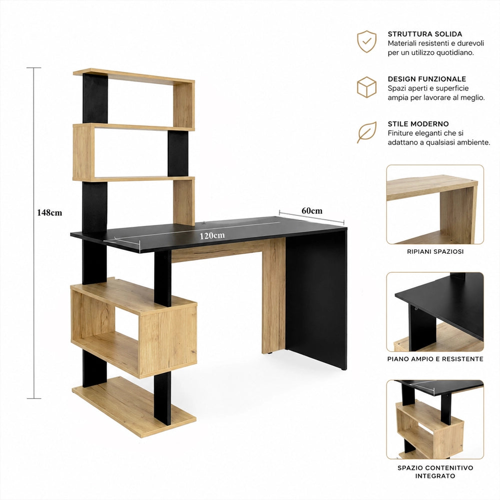 Scrivania con Libreria Tavolo Porta Pc in Legno per Casa Ufficio Nero e Quercia