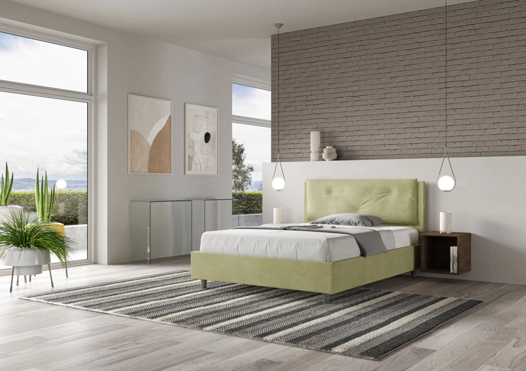BS COM Letto matrimoniale francese contenitore imbottito 140x200 microfibra tè verde Large