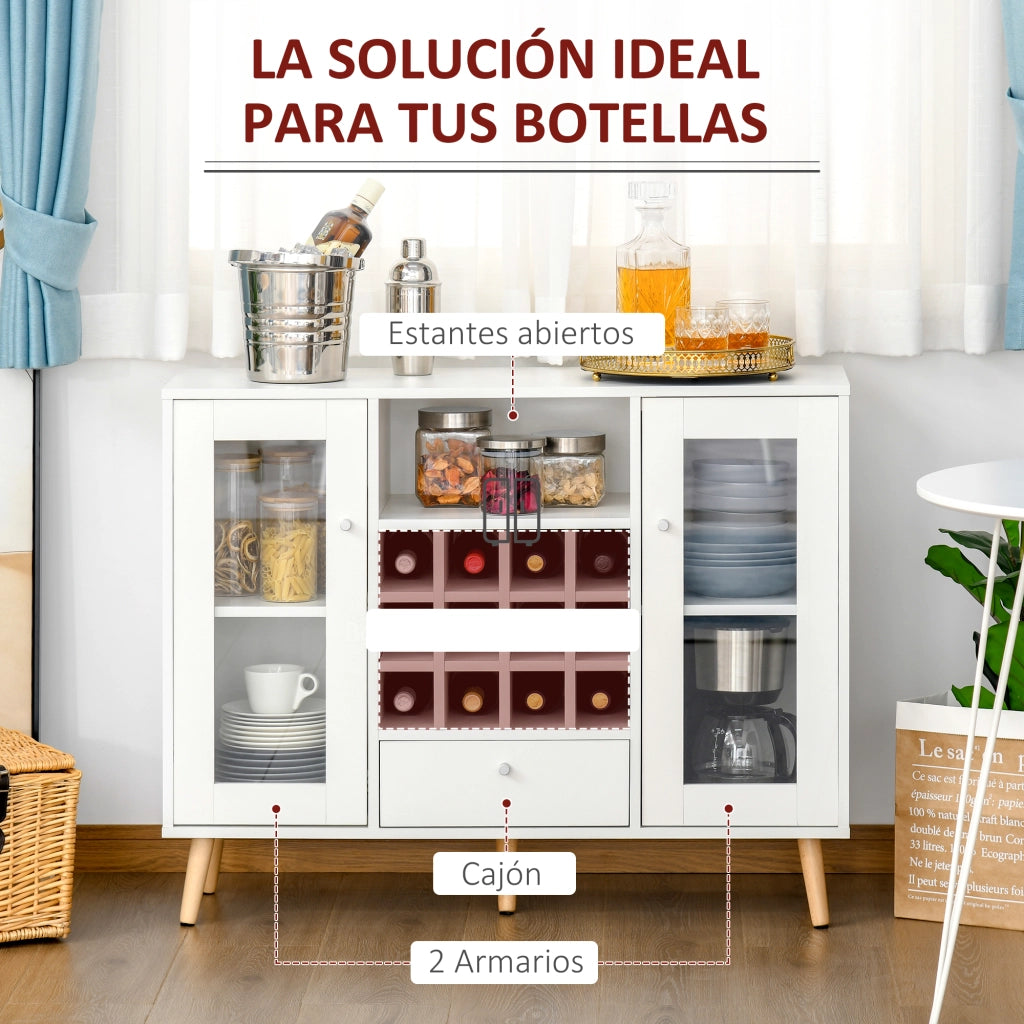 Credenza da cucina con portabottiglie cassetto ripiano e 2 ante in vetro ¨C Xylo ¨C Bianco 100x33x80 cm