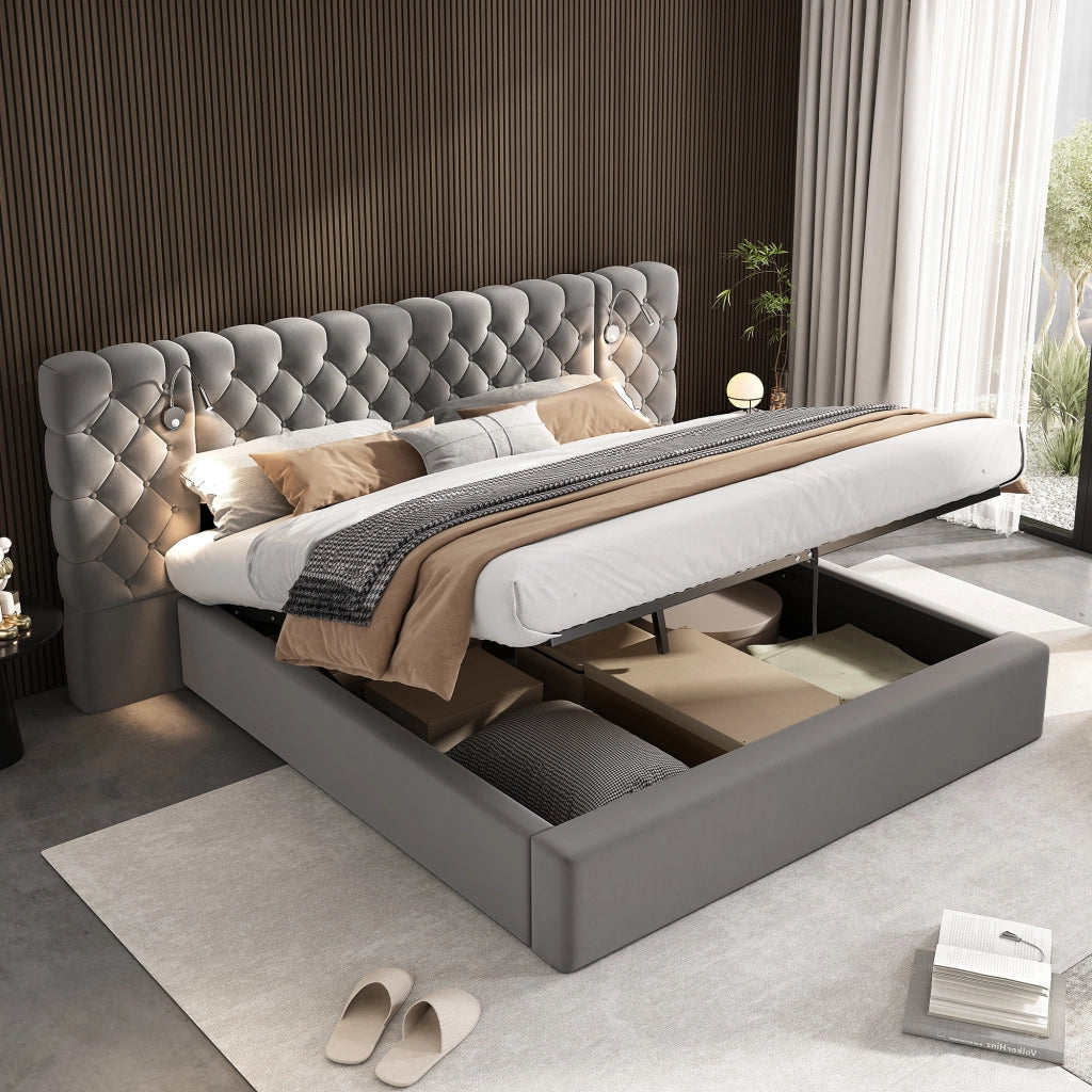 DESMIU Letto con contenitore 180 × 200 cm 2 posti con luce da lettura, vano idraulico e senza materasso, in velluto grigio