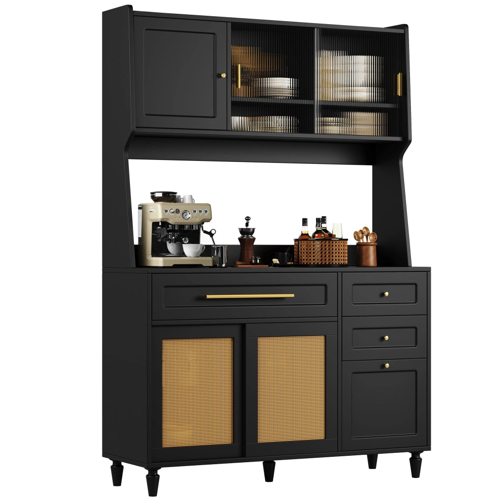 Credenza alta con LED, 3 cassetti e ripiani regolabili 120x45x195,5 cm nera