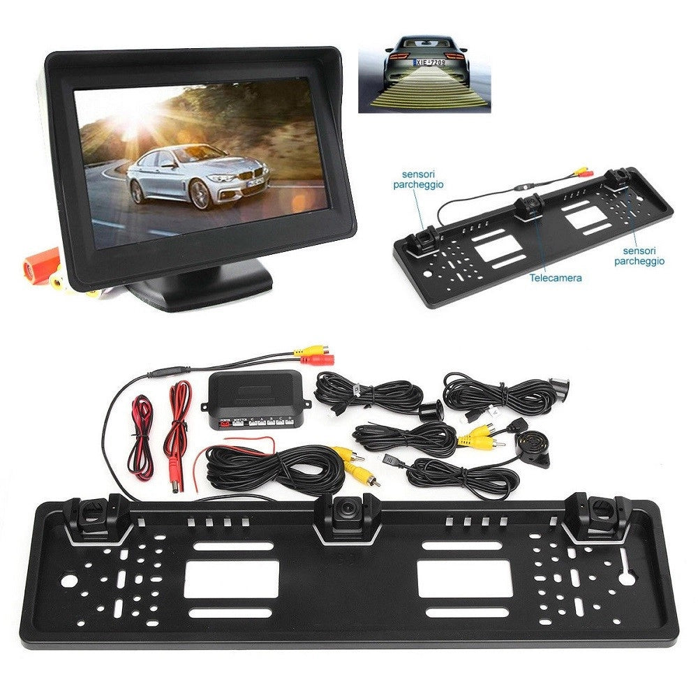 Trade Shop - Monitor Portatarga Con Telecamera E Sensori Di Parcheggio Monitor Da 4.3" -