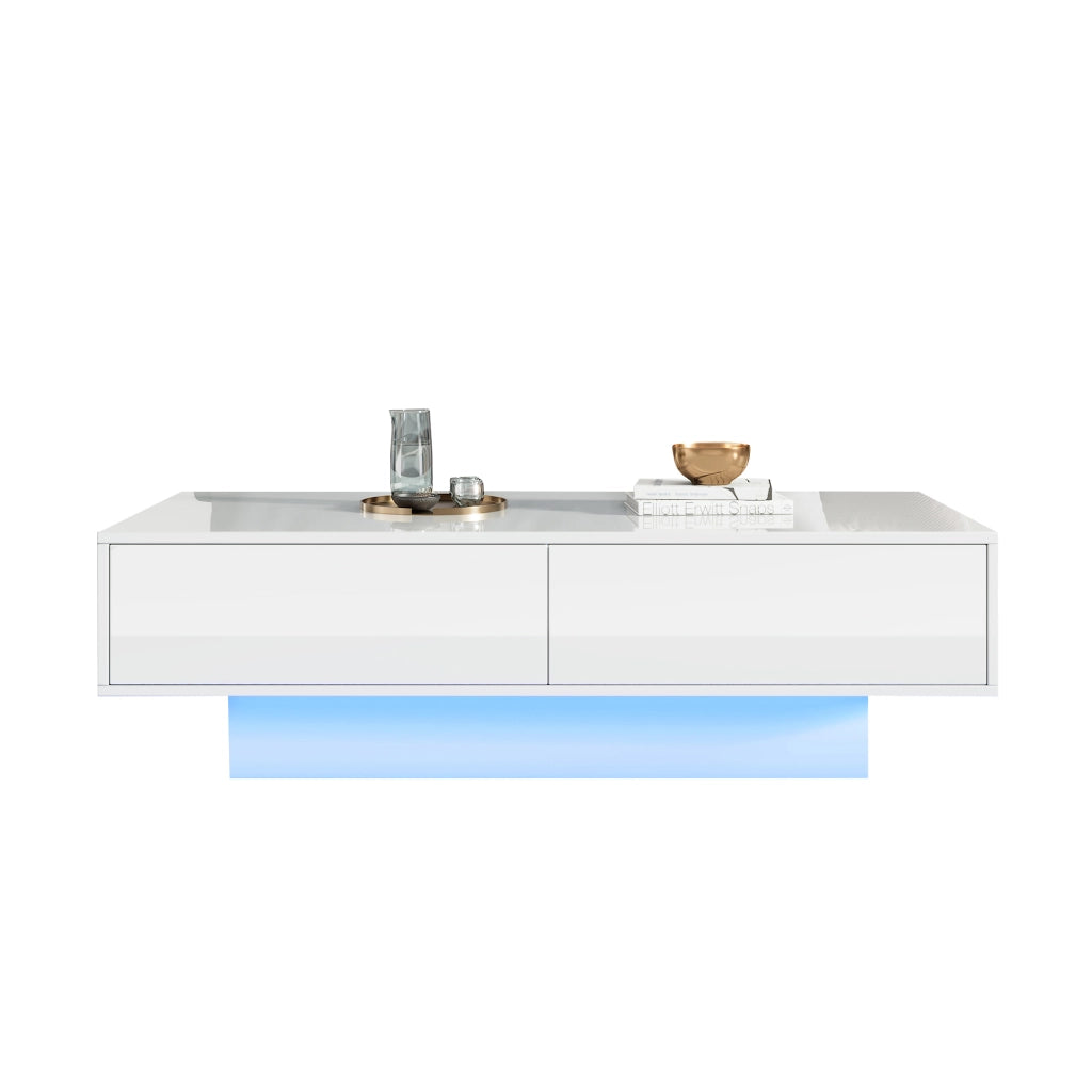 Tavolino da salotto moderno bianco lucido 115 x 55 x 34 cm con 2 cassetti, illuminazione LED e portata 30 kg