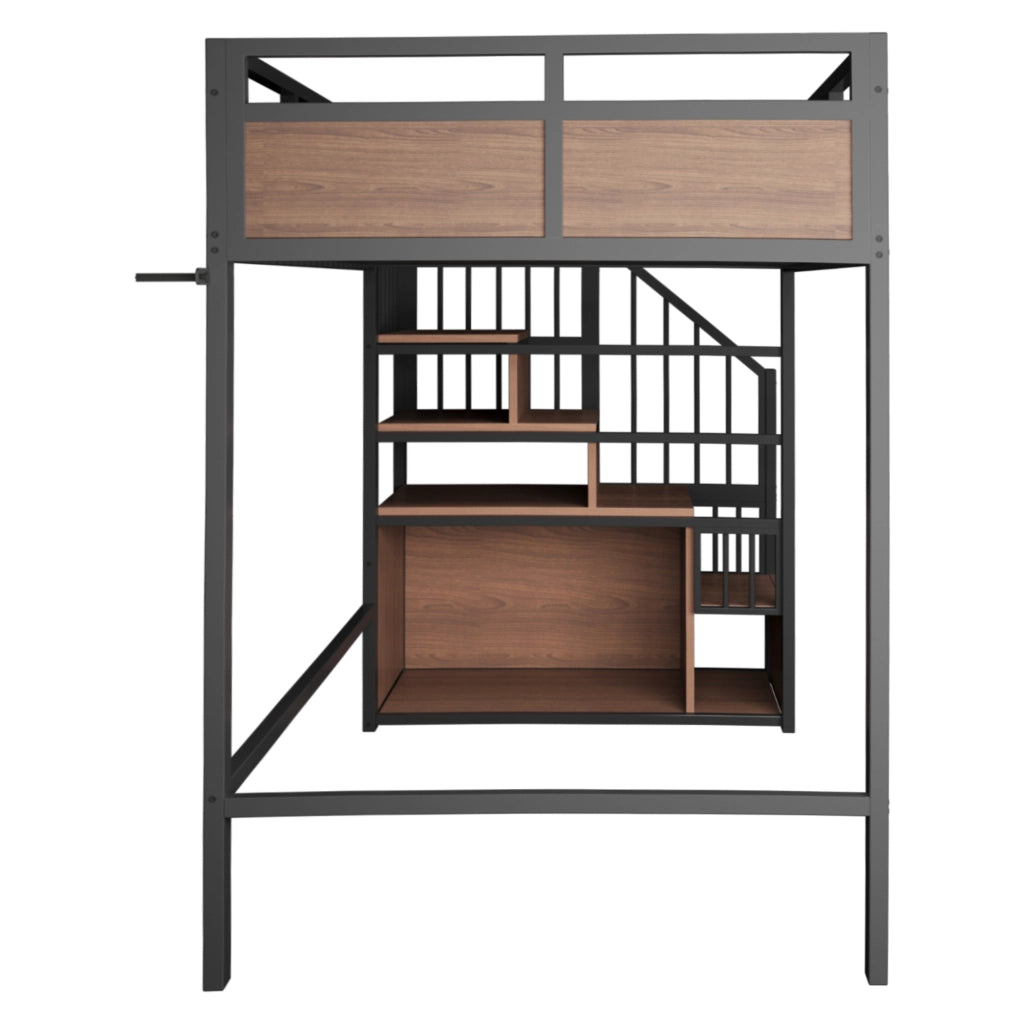 Letto a soppalco 90 × 200 cm con scala contenitore reversibile, led, senza materasso, in metallo e legno, nero