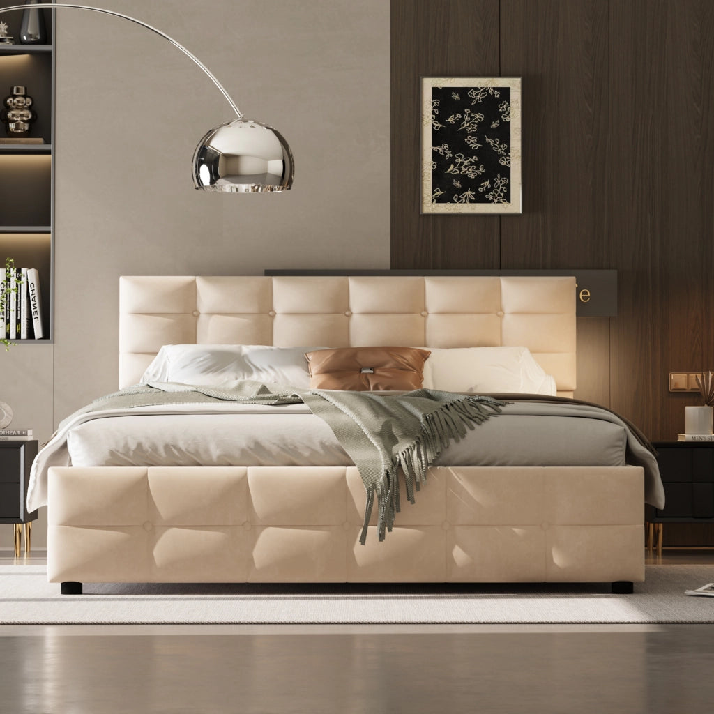 Letto contenitore matrimoniale 180×200 cm con rete sollevabile idraulica; senza materasso; velluto olandese; beige