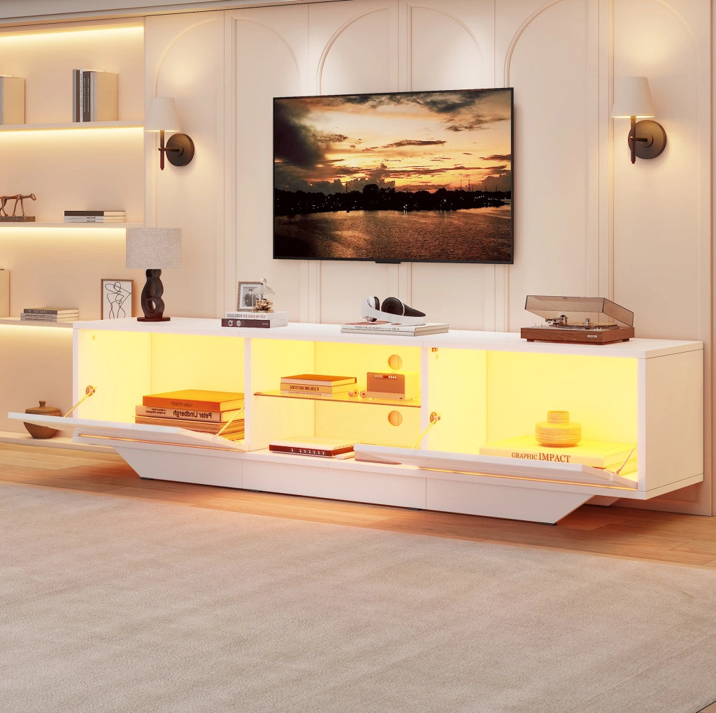 Mobile TV moderno 160 cm con LED RGB; 4 vani portaoggetti; finitura bianco lucido