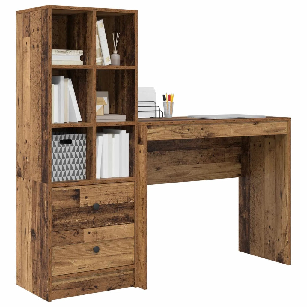 Scrivania | Tavolo da Ufficio con cassetto con lo scaffale 2 pz Legno vecchio