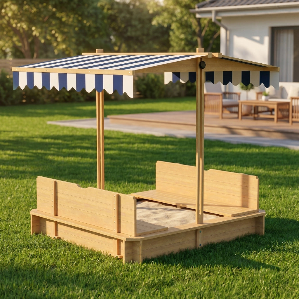 Arenero per Bambini con Tettoia Regolabile e Panche ¨C Zephmum ¨C 106x106x115 cm Legno Naturale