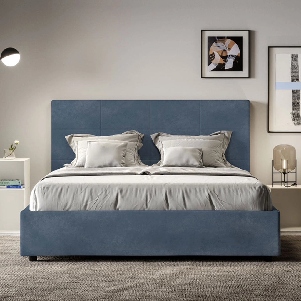 BS COM Letto una piazza e mezza con rete imbottito 130x210 microfibra blu