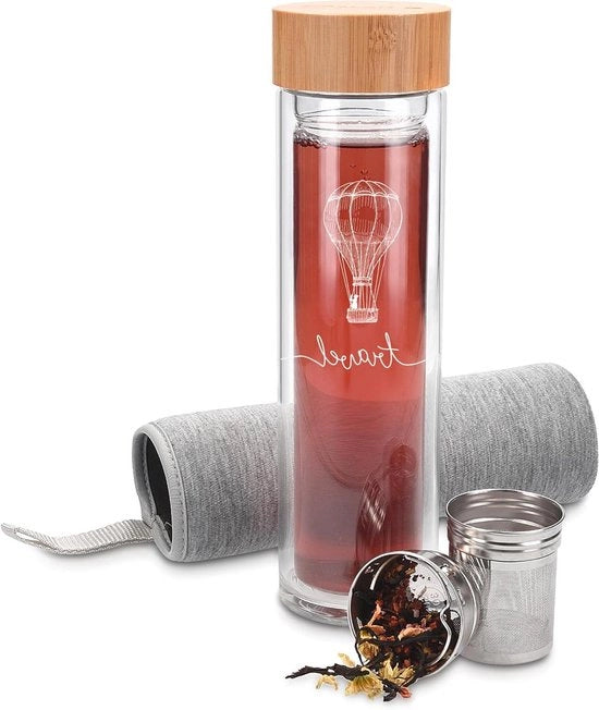 Bottiglia di Tè in Vetro con Filtro - 450 ml - Oltre Due Pareti di Bevande con Infusore in Capello di Bamboo e Gonna
