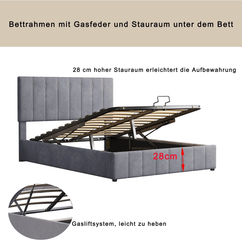 DESMIU Letto matrimoniale 140 × 200 cm con contenitore idraulico, 2 posti, senza materasso, in velluto, grigio