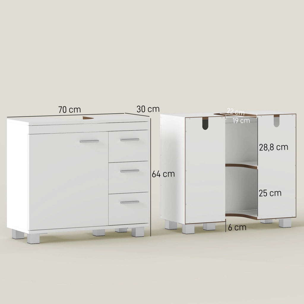 Mobiletto Sottolavabo con 3 Cassetti e Anta ¨C zephmum ¨C Bianco 70x30x64 cm
