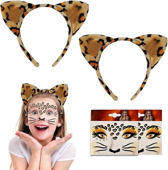 Set di 4 Orecchie di Leopardo per Cappello per Bambini - Orecchie di Cheetah - Tatuaggi Animali Temporanei e Adesivi Acquai - Set di Costumi per Bambini per Festa di Carnevale, Halloween, Natale
