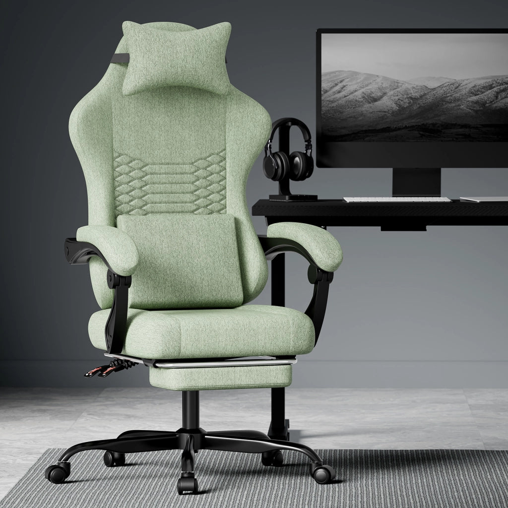 Sedia Gaming Ergonomica ¨C MINIMAL ¨C Tessuto, Verde, con Poggiatesta e Poggiapiedi