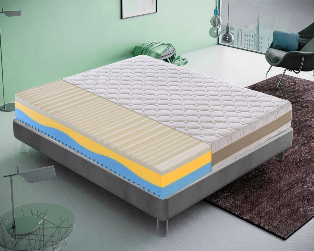 Materasso Piazza e Mezza 120x190 in memory foam, 3 strati, rivestimento sfoderabile, 5 cm di memory foam, 7 zone di comfort