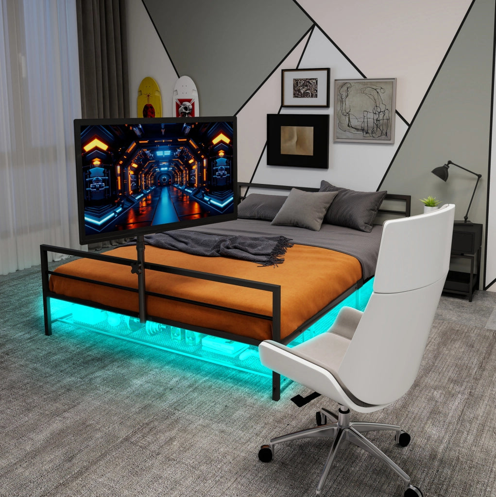 Letto gaming con supporto regolabile e LED in ferro nero