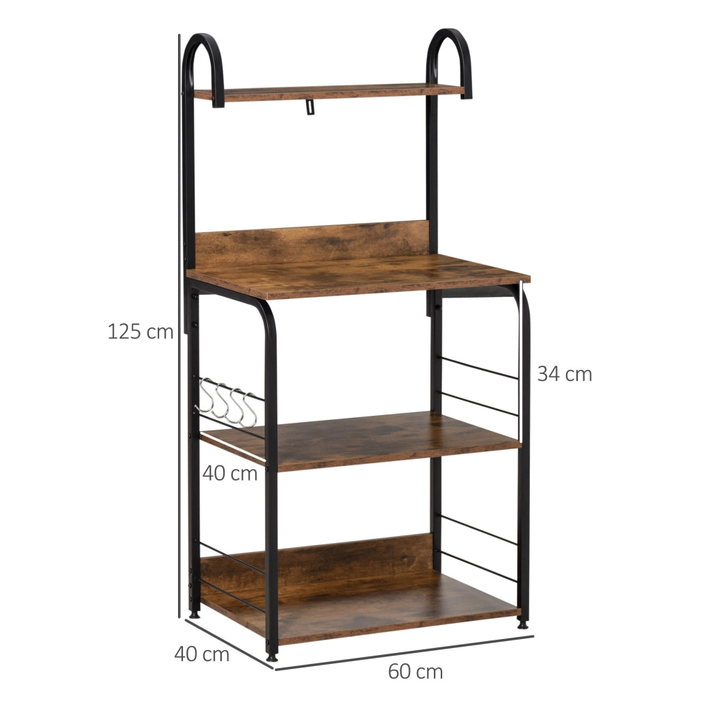 Mobiletto per Microonde, Scaffale da Cucina a 4 Ripiani e 4 Ganci, Mobile Cucina in Acciaio e Legno 60x40x125cm, Marrone Rustico