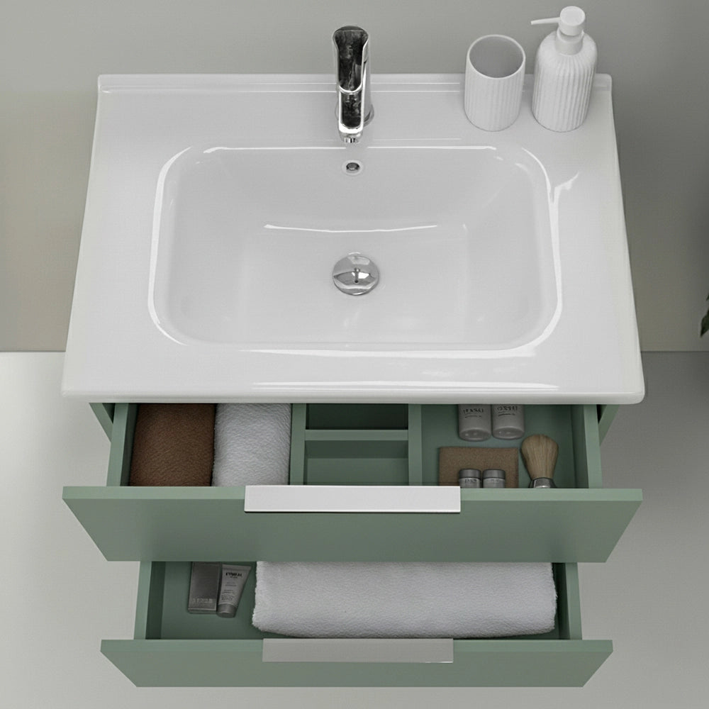 Mobile bagno sospeso 80cm verde opaco con cassetti lavabo e specchio Elva