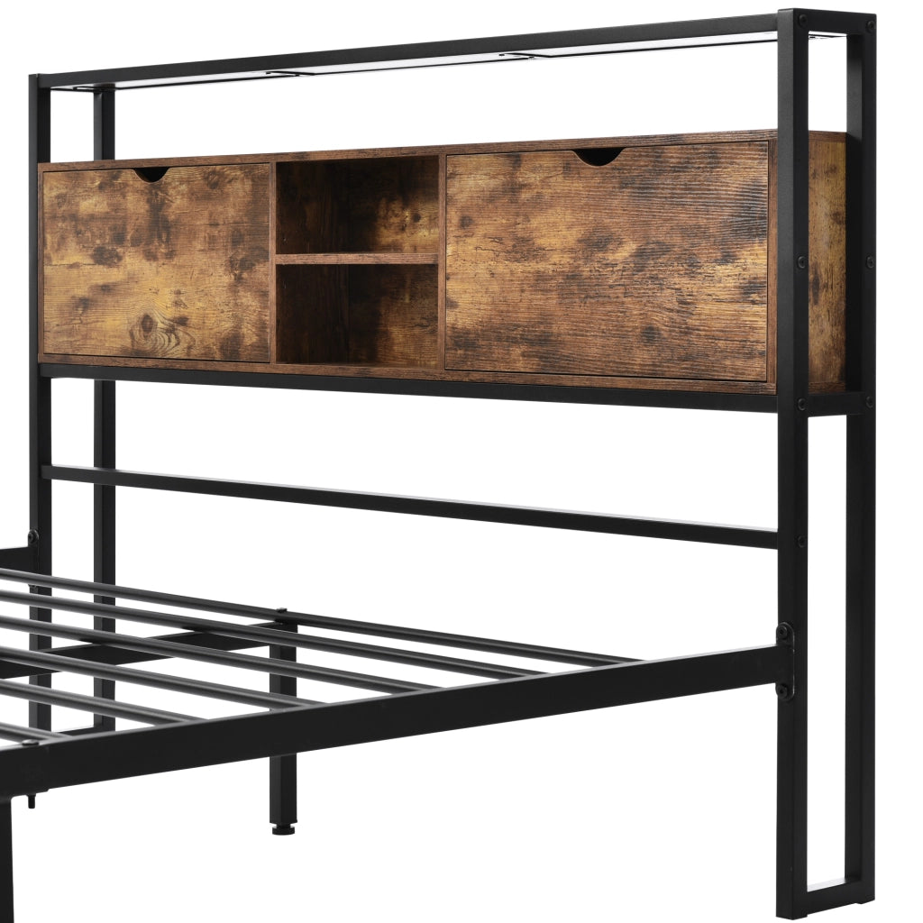 DESMIU Letto matrimoniale 140 × 200 cm con testiera portaoggetti, struttura in metallo e legno, senza materasso, naturale