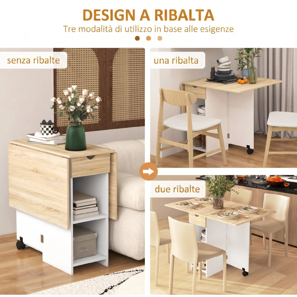Tavolo da Pranzo Pieghevole Salvaspazio ¨C Xylo ¨C Rovere con Cassetto e Ripiani Allungabile