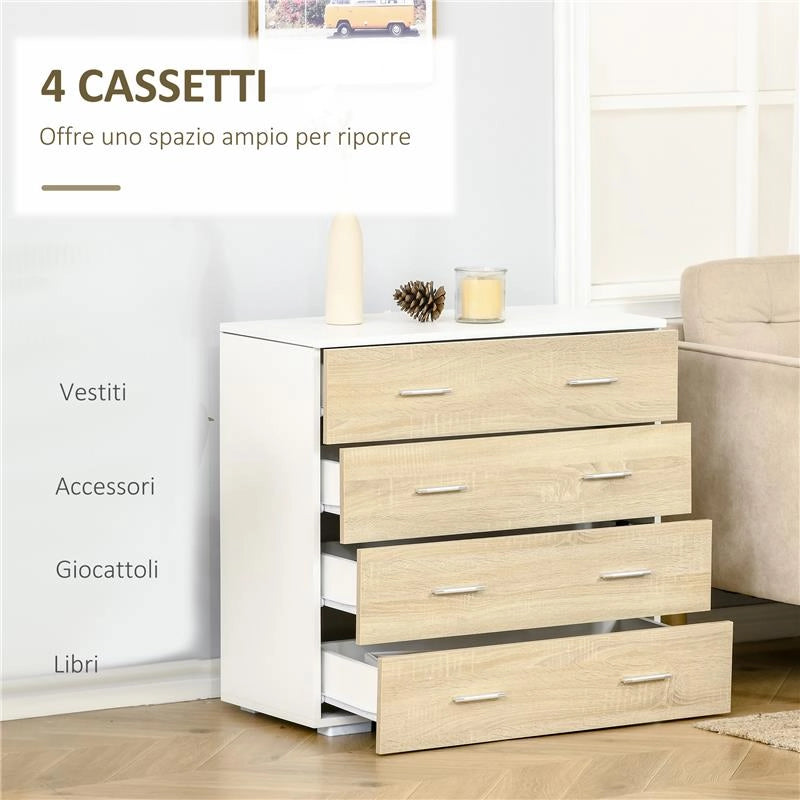 CASSETTIERA 4 CASSETTI IN LEGNO E MANIGLIE IN ALLUMINIO 76X35X72CM BIANCO E ROVERE