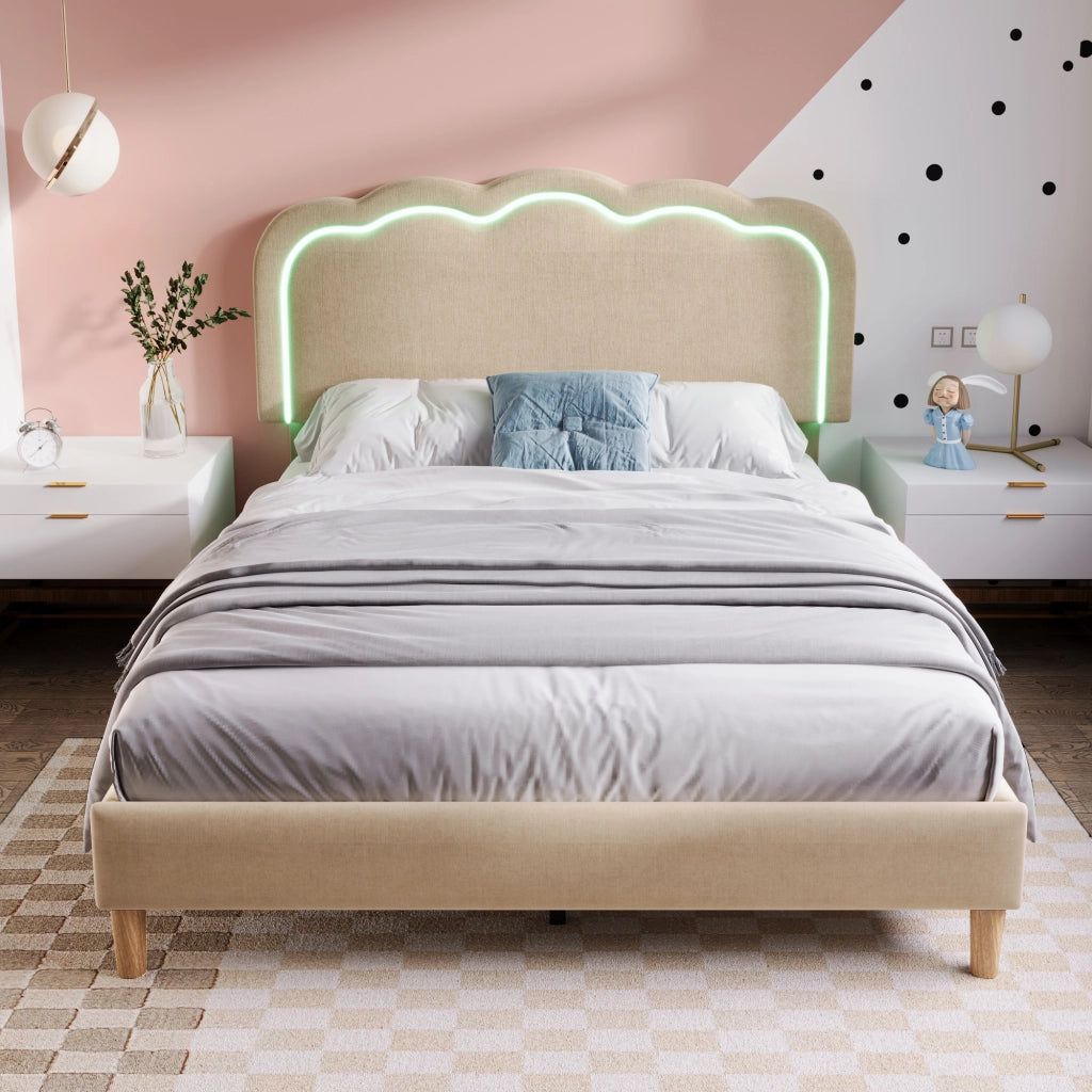DESMIU Letto Imbottito Letto Matrimoniale con LED Regolabile e Testiera Regolabile 140 × 200 cm, Senza Materasso, Beige