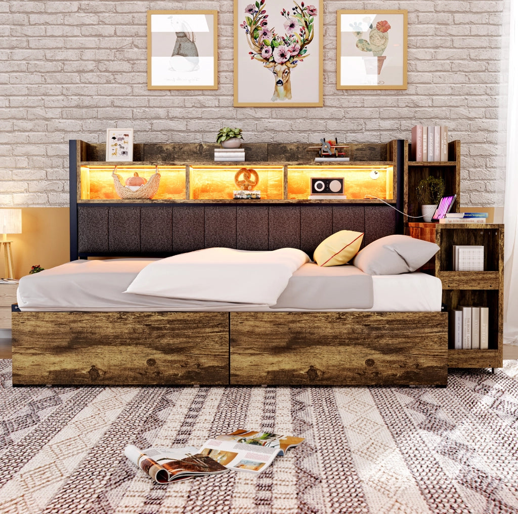 Letto singolo multifunzione 90x200 cm in metallo e legno; color legno naturale; con scrivania e vani contenitore