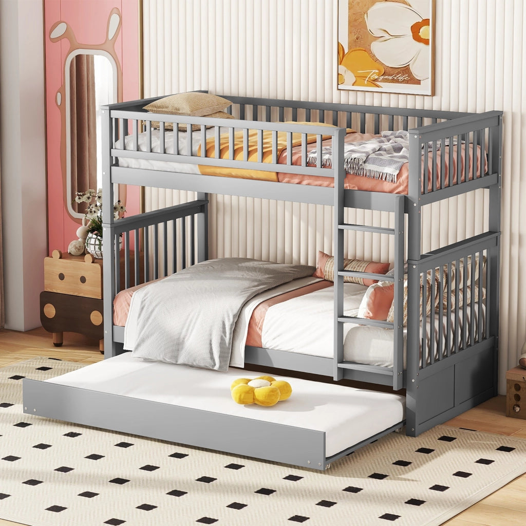 Letto a castello per bambini 90x200 cm - Zephmum - Grigio, 3 posti, letto estraibile, scala stabile