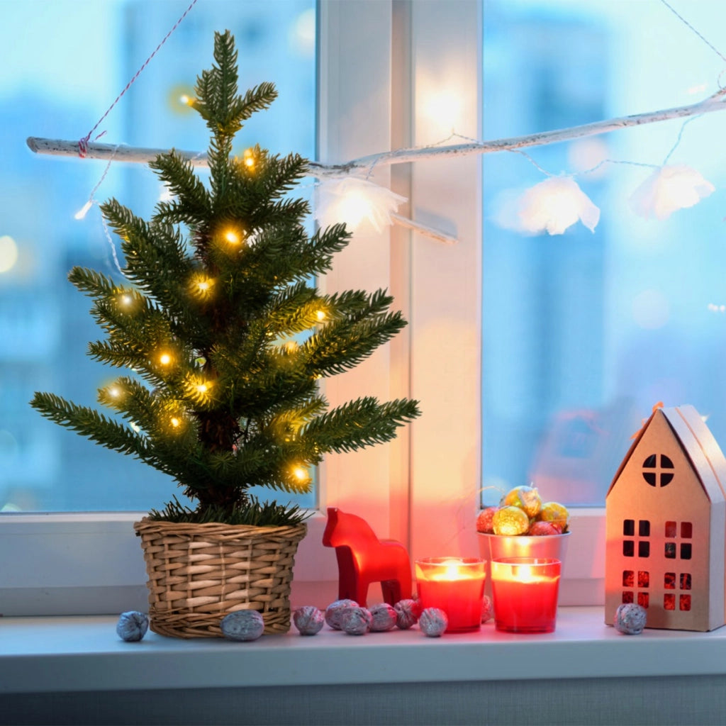 Albero di Natale pre-illuminato con 96 rametti 20 luci LED timer, Albero Natale mini artificiale da tavolo 48cm-Alberi di Natale