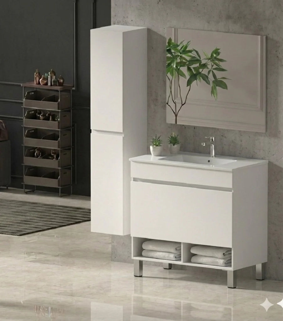 Mobile Bagno NEBARI com gambe Già Montato 1 cassetto, lavabo e specchio Bianco lucido 50x40 cm con colonna