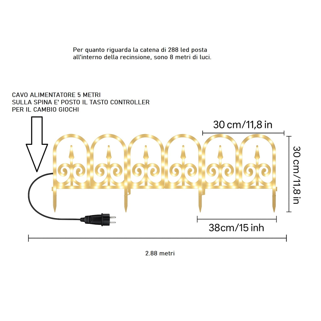 Recinzione luminosa natalizia 288 LED bianco caldo IP44 8 metri per interno ed esterno – decorazione natalizia elegante e resistente con giochi di luce