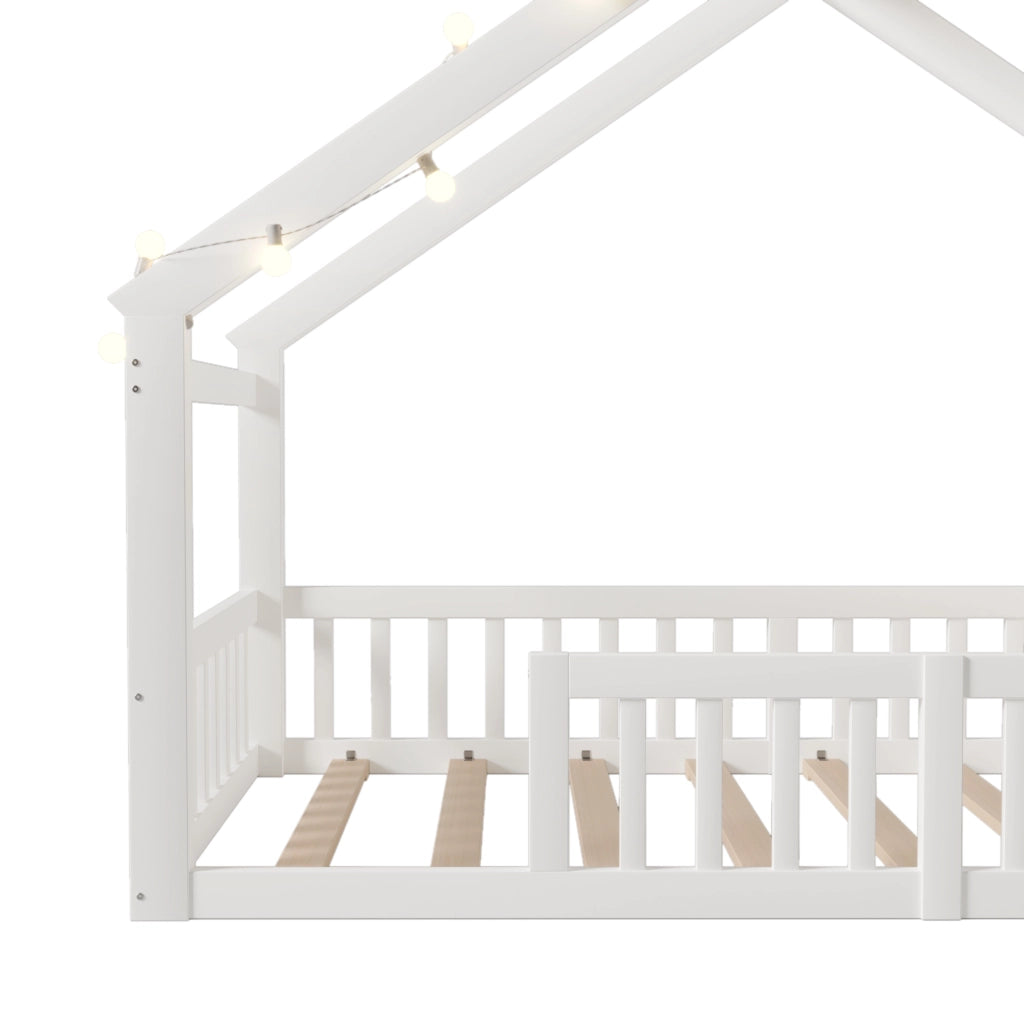 OKWISH Letto a Casetta 90×190 cm, Letto Singolo con Spondine, Mensole e Lucine Decorative, senza Materasso, in Pino, Bianco