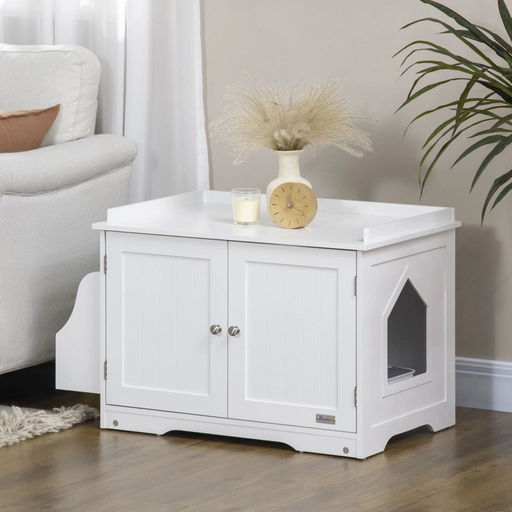 Mobiletto/lettiera per gatti con divisorio regolabile e sportelli magnetici, bianco, 86x48x52 cm, per una gestione elegante del gatto.
