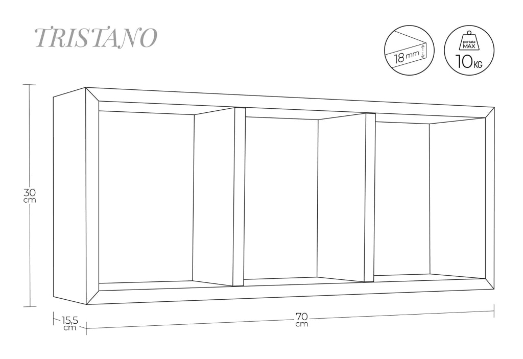 Mensola Rettangolare 3 Scomparti da Parete 70x30x15.5 cm in Fibra di Legno Tristano Ciliegio