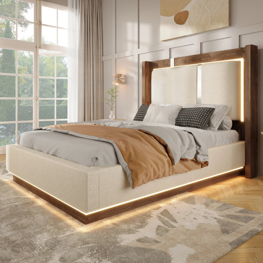 DESMIU Letto contenitore 90 × 200 cm 1 posto con LED, sollevamento idraulico e senza materasso, in lino, beige