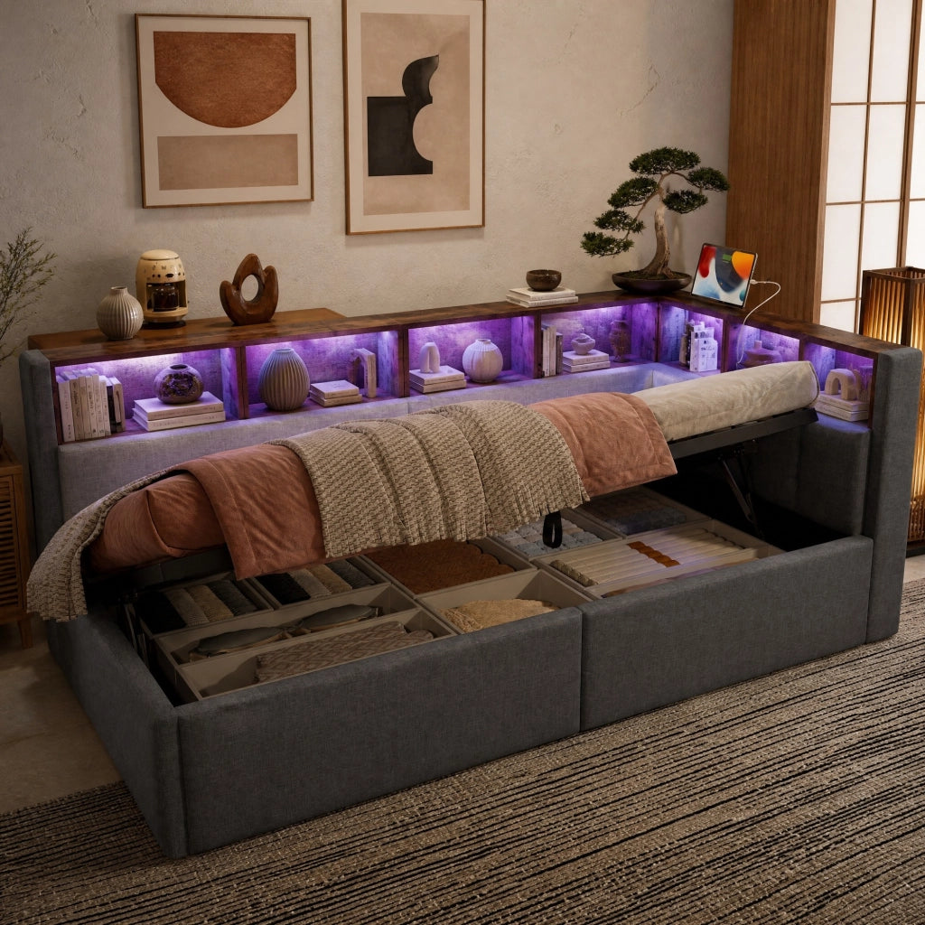 LETTO 90x200 cm in lino grigio con LED, USB e Type-C, senza materasso