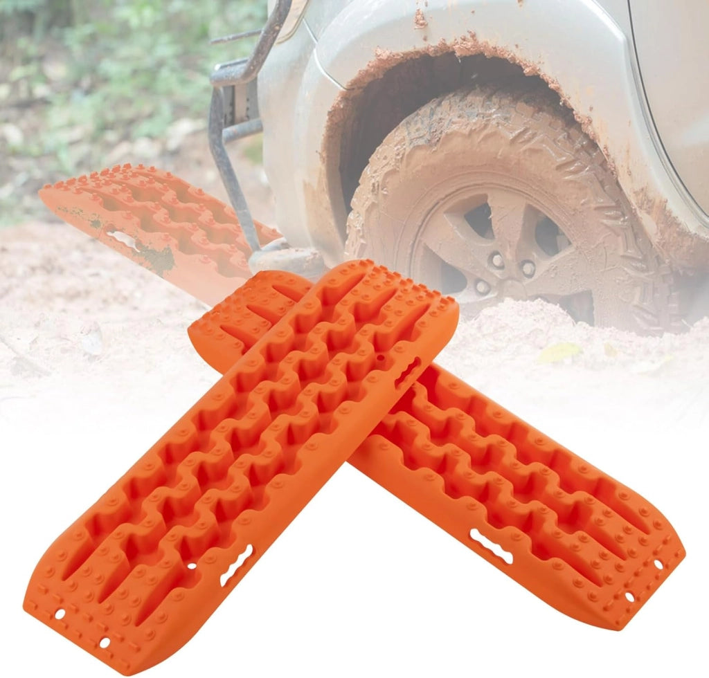 Tappetino di Trazione 2 Pezzi, Carico 10T, Piastre di Trazione per SUV Camper Auto Camion, Tavola di Recupero per Piste Offroad, per Sabbia, Neve, Fango (Arancione, 107 x 31 x 7 cm)