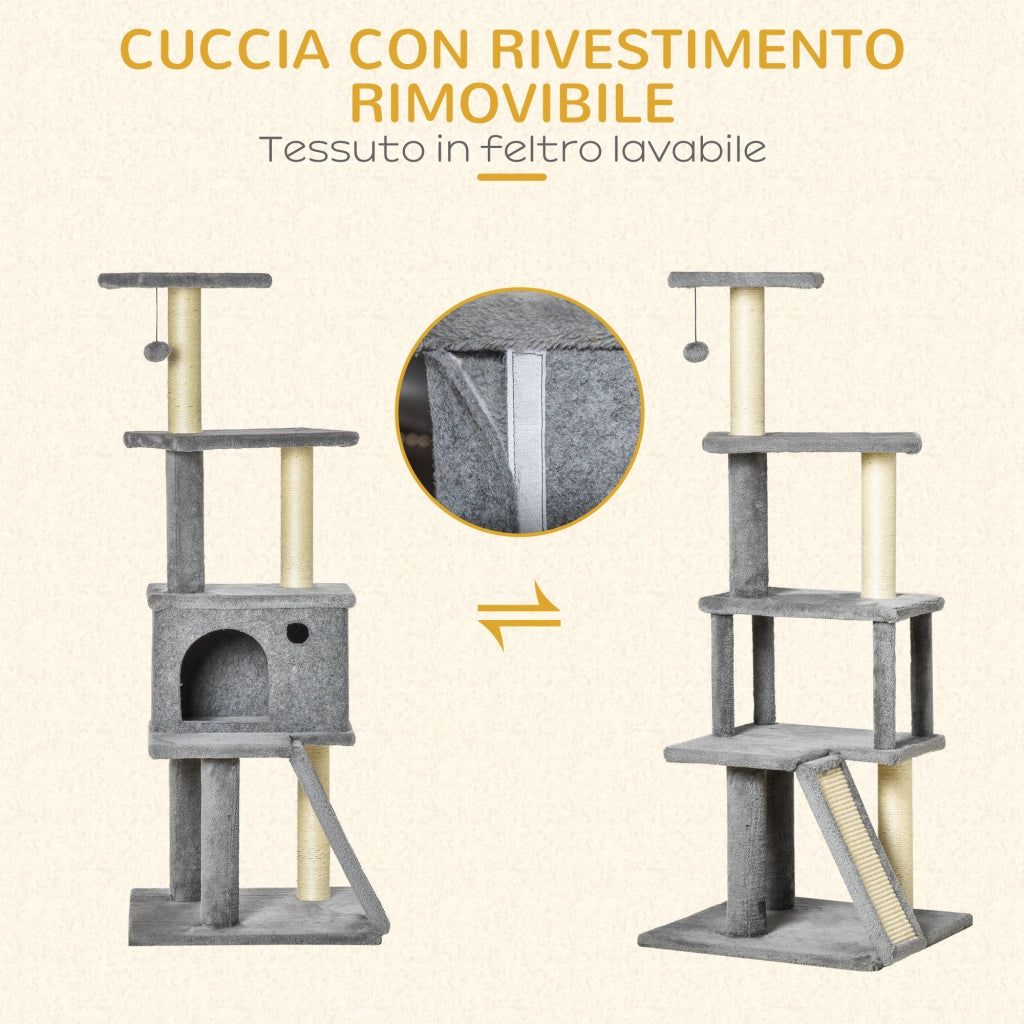 Albero Tiragraffi Multilivello con Casetta 48x48x125 cm Rivestimento in Peluche e Sisal Grigio